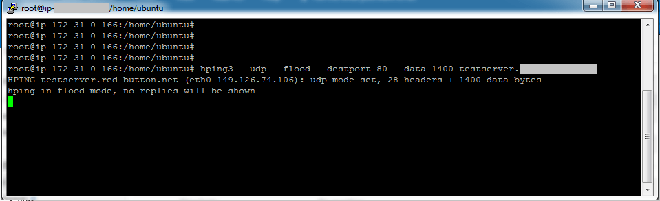 Hping is used to run a UDP (--udp) flood (--flood) against a domain on port 80 (--dstport 80) with large packet size (--data 1400) 